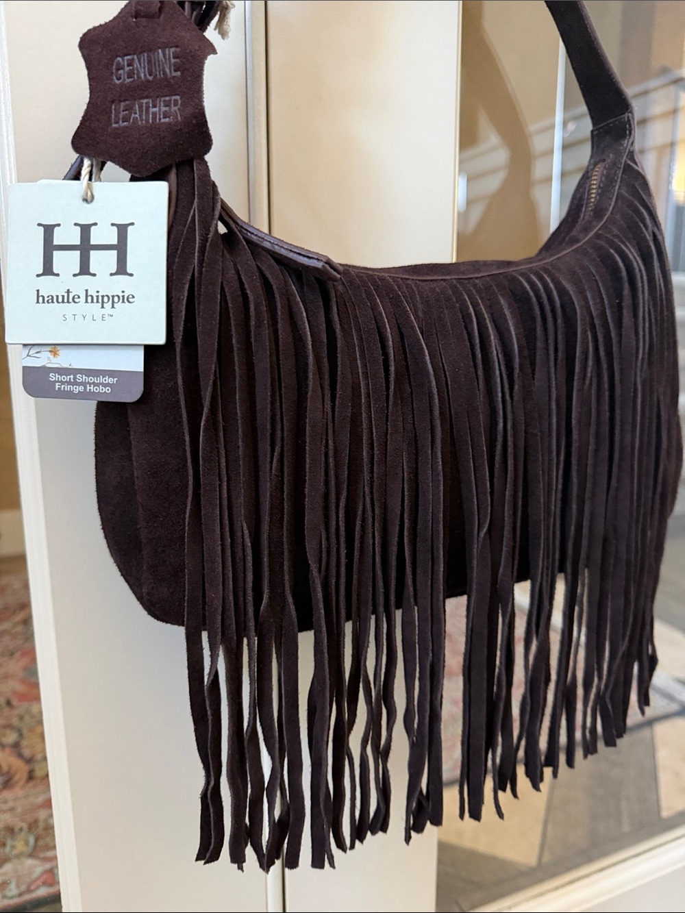 Haute Hippie Dark Brown Suede Fringe Shoulder Hobo Bag Boho Festival Western - Picture 2 of 8